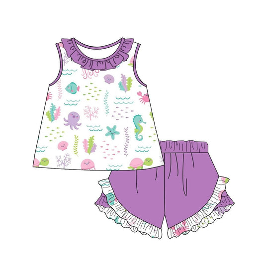 Moq 3 Pre-order  GSSO0467 Baby Girl Sleeveless Tops Purple Shorts Set
