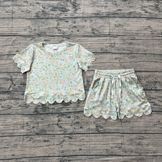 ( No moq ) Preorder Baby Girls Toddler Short Sleeves Floral Shirt Shorts Summer Green Set