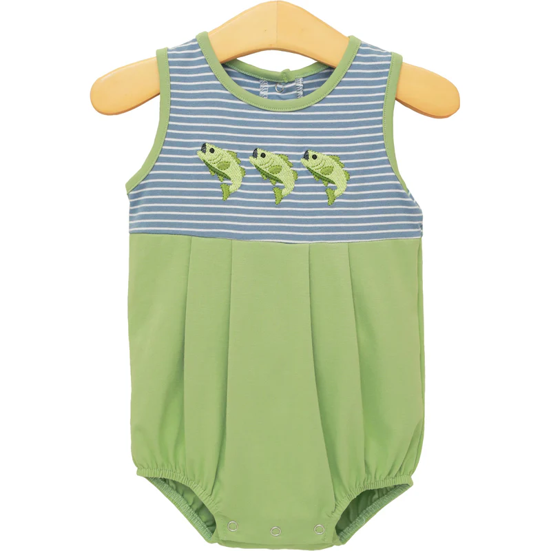 ( Moq 5 ) Preorder Baby Boys Infant Fish Stripes Green Bubble Romper Clothes