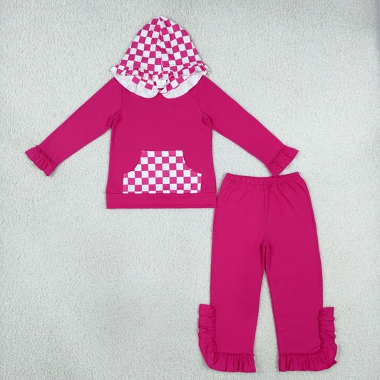 Baby Girls Kids Checked Pocket Hoodie Shirt Pants Hot Pink Set Cotton Clothes RTS
