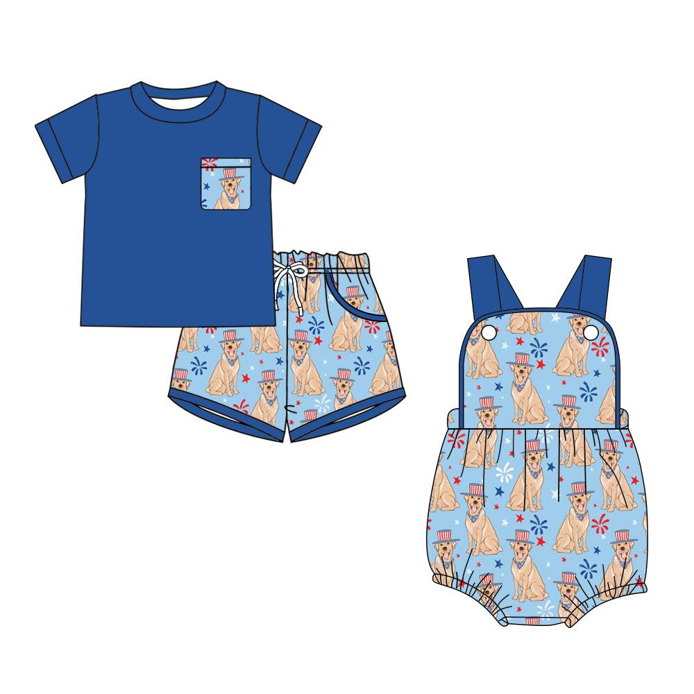 ( Moq 5 Each Style ) Sibling Baby Boys Kids Shirt Pockets Shorts Dogs 4th of July Set Romper