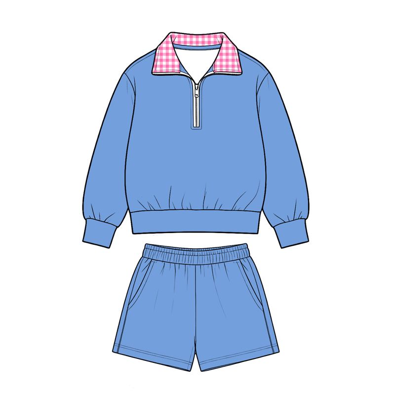 ( Moq 5 ) Preorder Baby Girls Kids Blue Long Sleeves Zipper Pullover Pockets Shorts Set Cotton Clothes