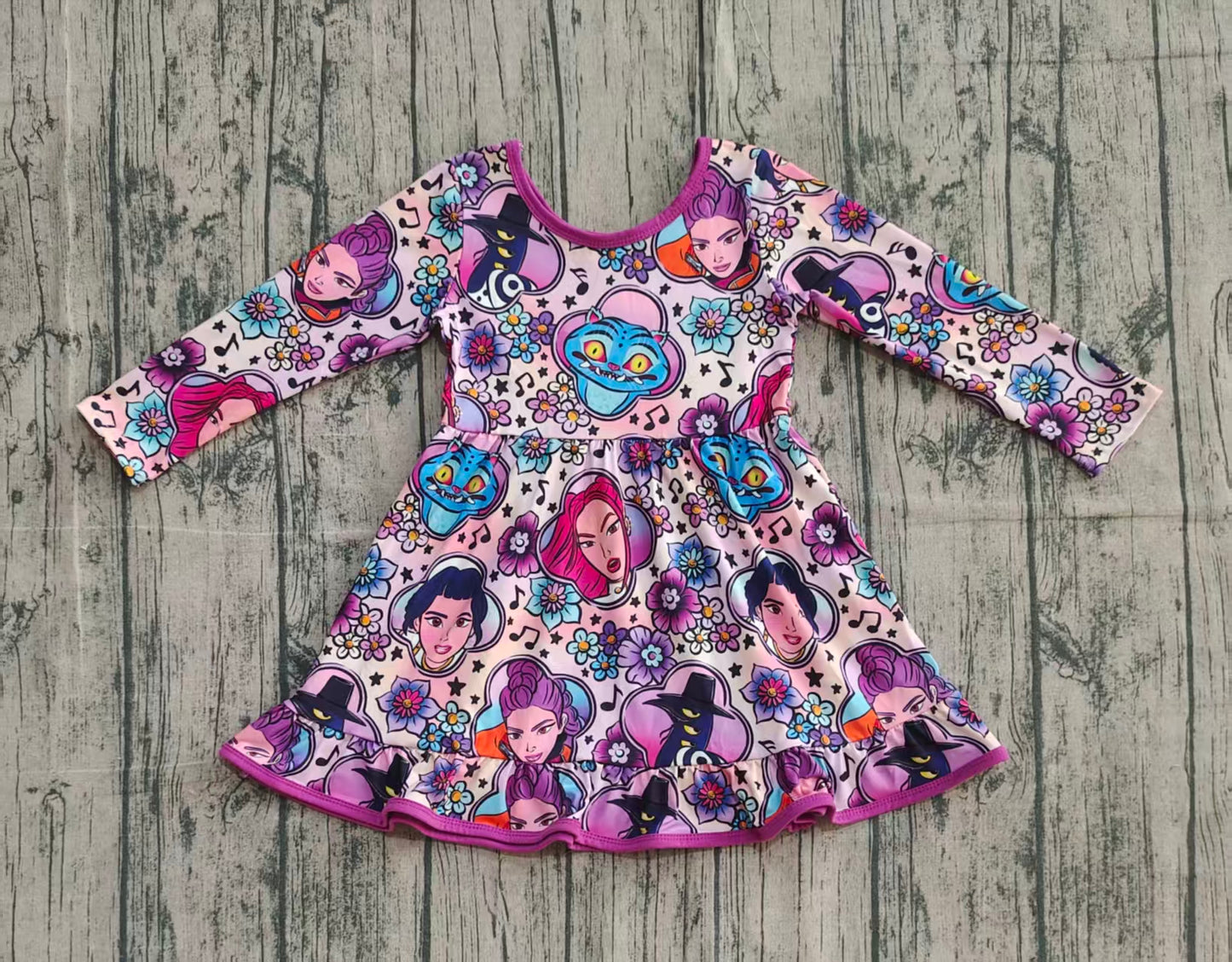 Baby Girls Kids Long Sleeves Movie Characters Flower Ruffle Knee Length Dress RTS