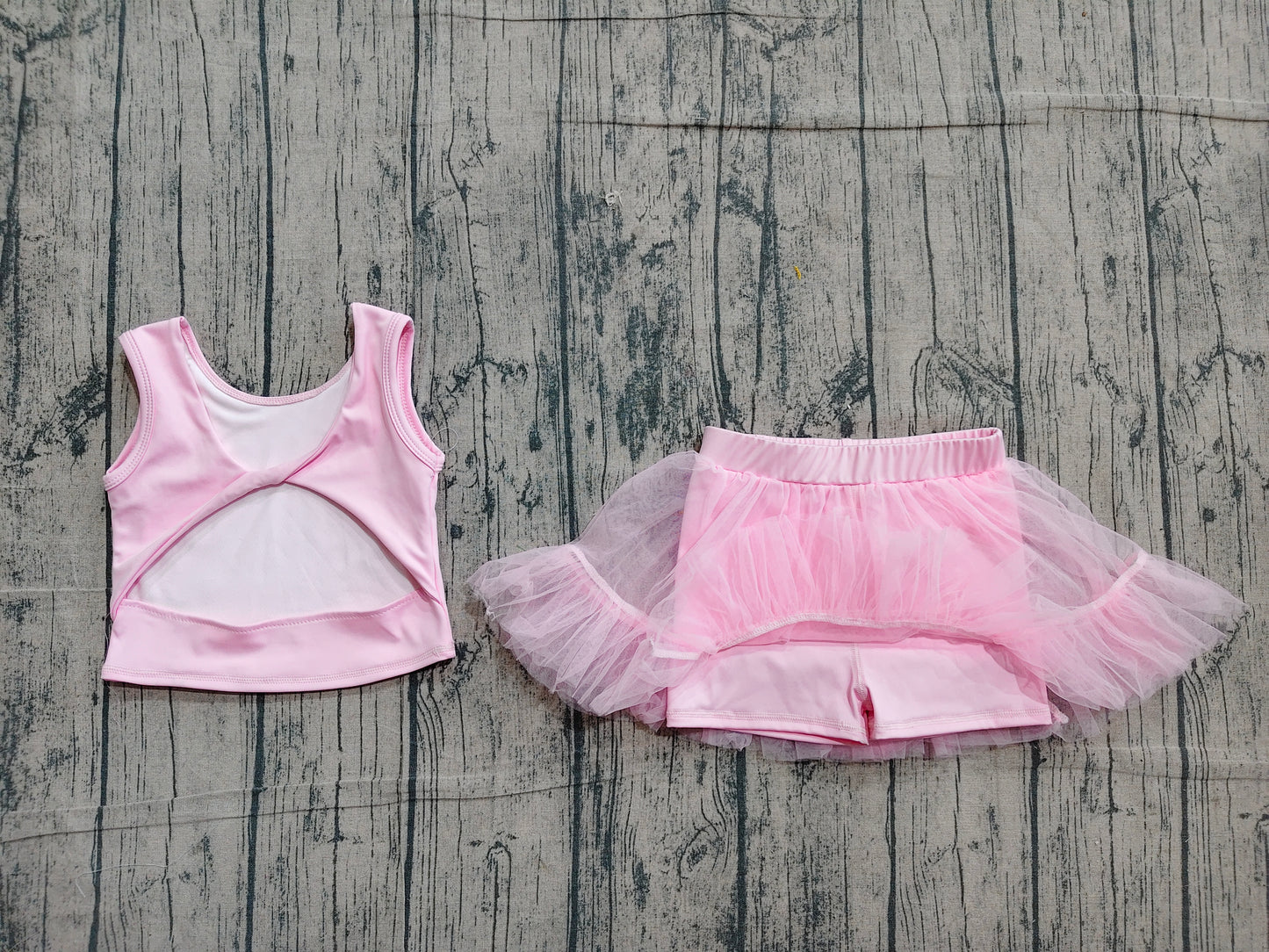 ( No moq ) Preorder Baby Girls Kids Pink Tops Tulle Skirt Shorts Set Yoga Active Summer Clothes