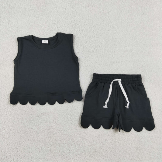 Baby Girls Kids Sleeveless Black Shirt Scallop Shorts Set Cotton Clothes RTS