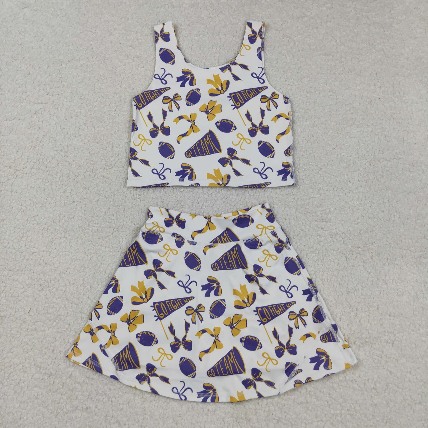 Baby Girl Shot Sleeves Purple Football Bows Cheer Tops Skort Team Yoga Active Set RTS