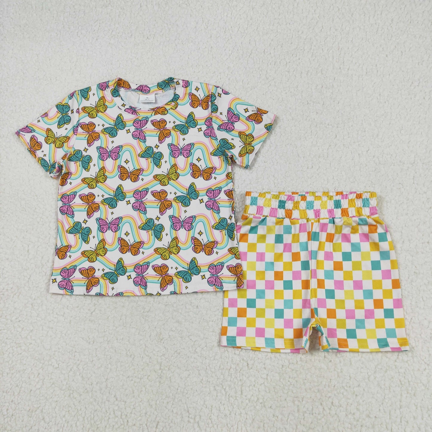 Baby Girl Short Sleeves Butterfly Rainbows Tops Checked Shorts Pajamas Set RTS