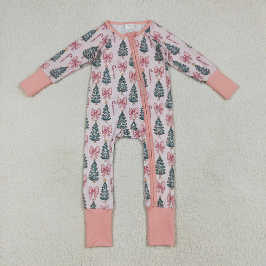 Baby Girl Infant Long Sleeves Tree Bows Christmas Zipper Pink Romper RTS