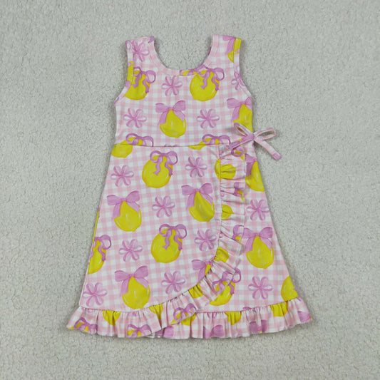 Baby Girls Kids Sleeveless Lemons Bows Pink Plaid Yoga Active Shorts Knee Length Dress RTS