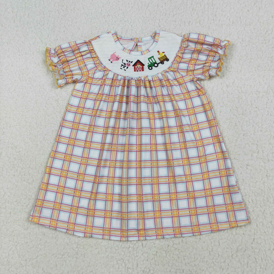Baby Girl Short Sleeves Embroidery Farm Animals Plaid Knee Length Smocked Dress RTS