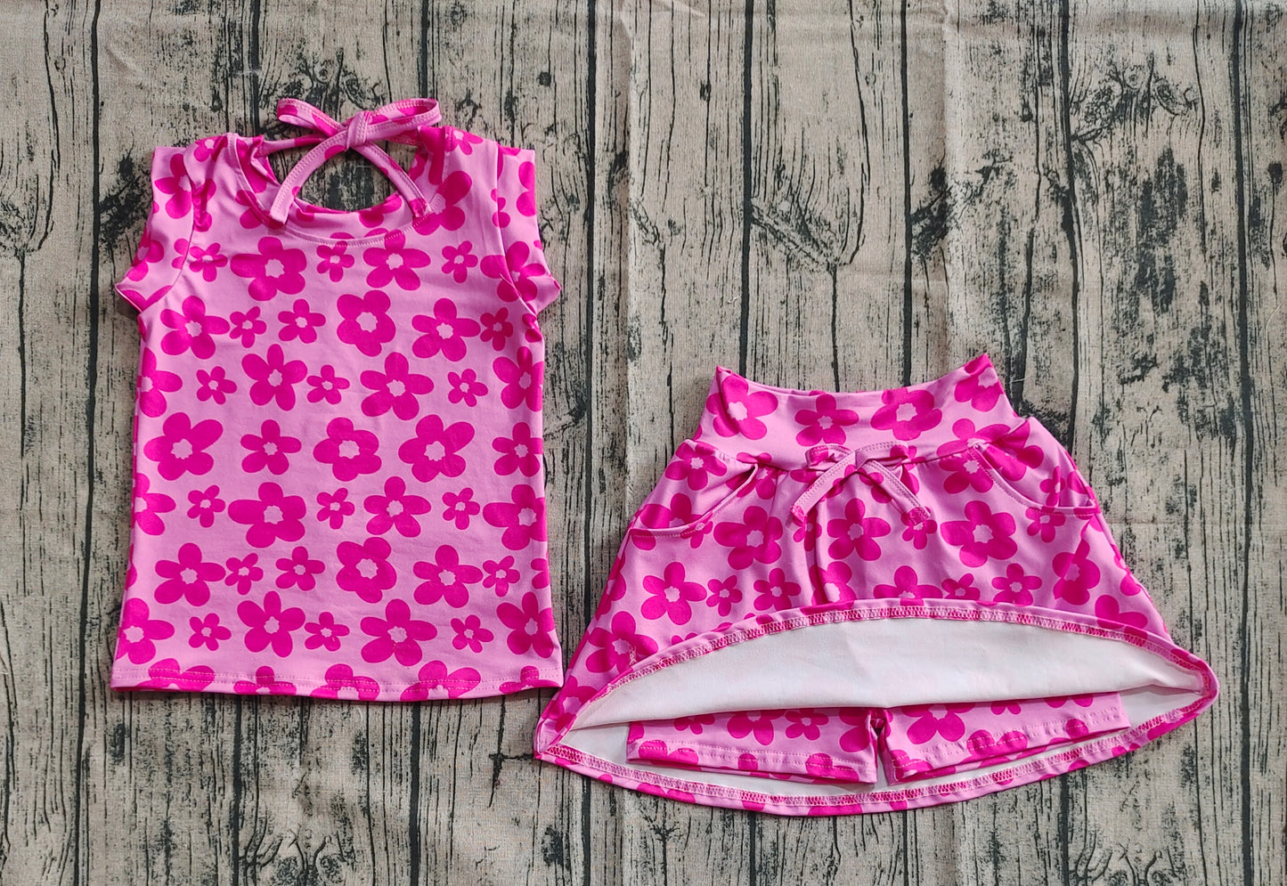 Baby Girl Sleeveless Pink Flower Tops Pockets Shorts Skirt Skort Set RTS