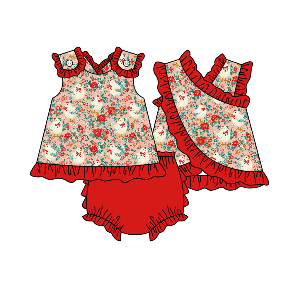 ( Moq 5 ) Preorder Baby Girl Kids Chicken Flower Bows Tops Ruffle Red Bummie Shorts Set Clothes