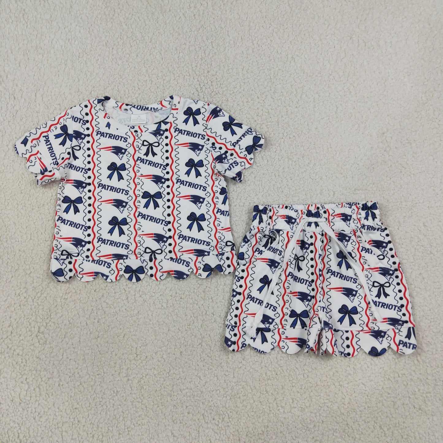 Baby Girls Kids Short Sleeves Navy Bows Shirt Scallop Shorts Set Team Clothes RTS