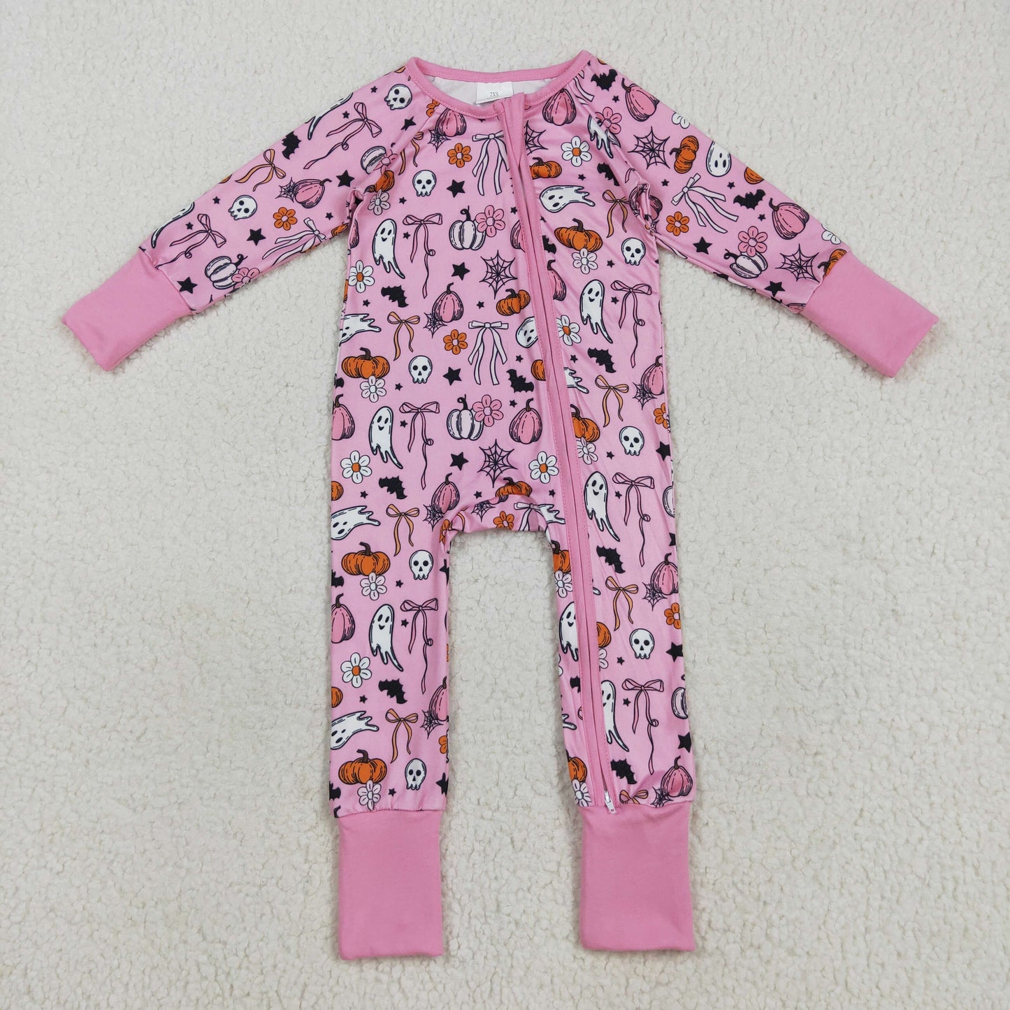 Baby Girl Long Sleeves Ghost Pumpkins Bows Flower Zipper Halloween Pink Romper RTS