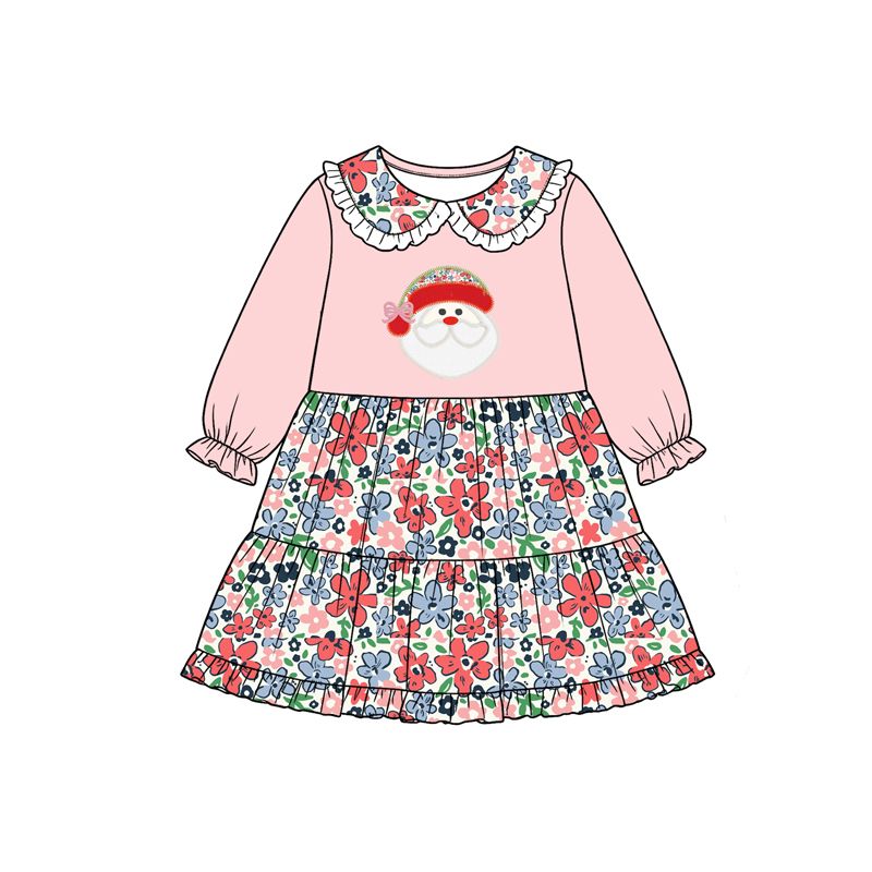 ( Moq 5 ) Preorder Baby Girls Long Sleeves Santa Christmas Flower Ruffle Dress Clothes