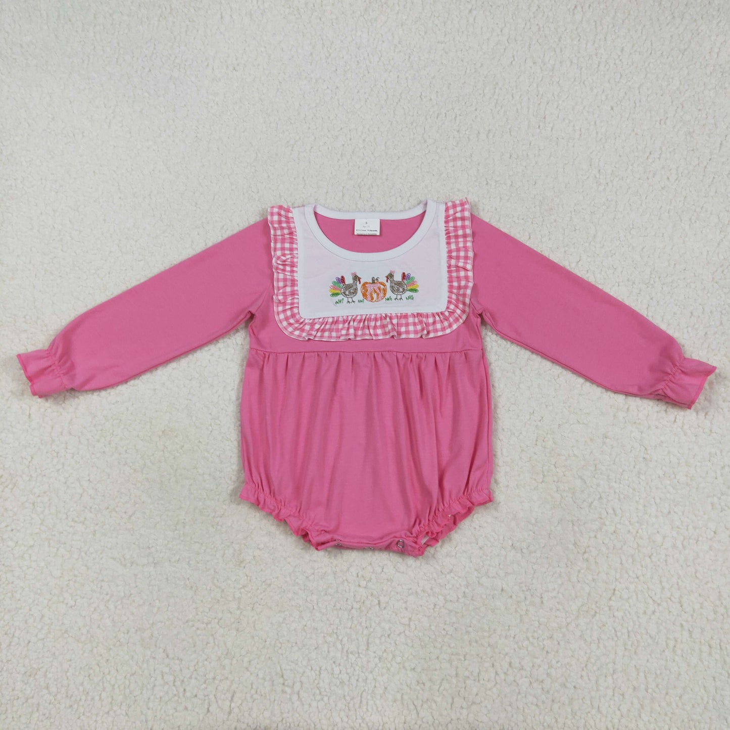 Baby Girl Long Sleeves Embroidery turkey Pumpkin Bubble Pink Romper RTS