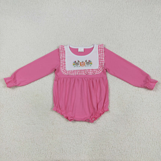 Baby Girl Long Sleeves Embroidery turkey Pumpkin Bubble Pink Romper RTS