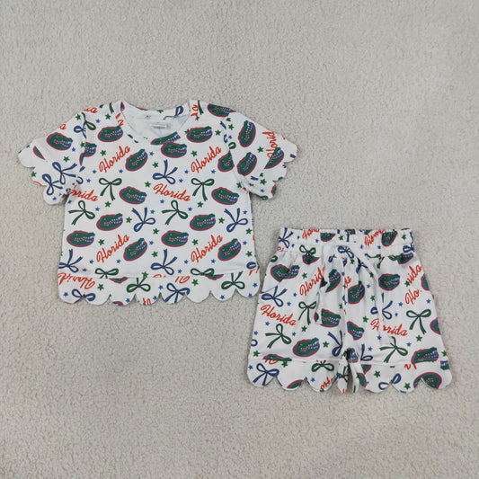 Baby Girls Kids Short Sleeves Green Bows Team Shirt Shorts Summer Set RTS