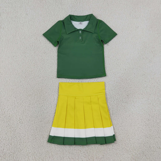 Baby Girls Kids Short Sleeves Green Buttons Shirt Skirt Shorts Yoga Active Set Clothes RTS