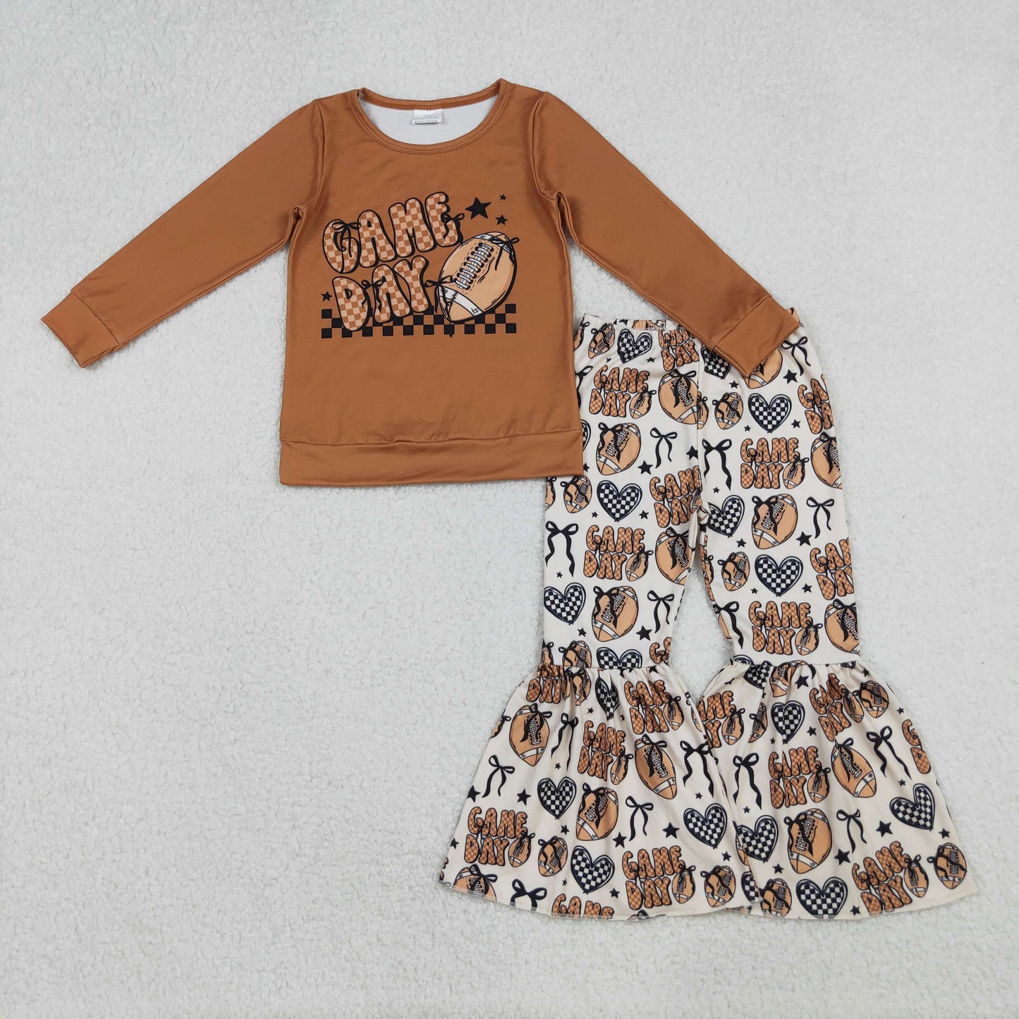 Baby Girl Long Sleeves Game Day Brown Shirt Football Bows Pants Set RTS