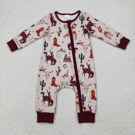 Baby Boy Infant Long Sleeves Western Rodeo Cactus Zipper Romper RTS