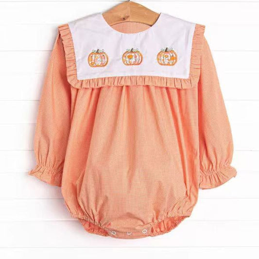 ( Moq 5 ) Preorder Baby Girls Infant Pumpkins Plaid Bubble Romper Fall Clothes