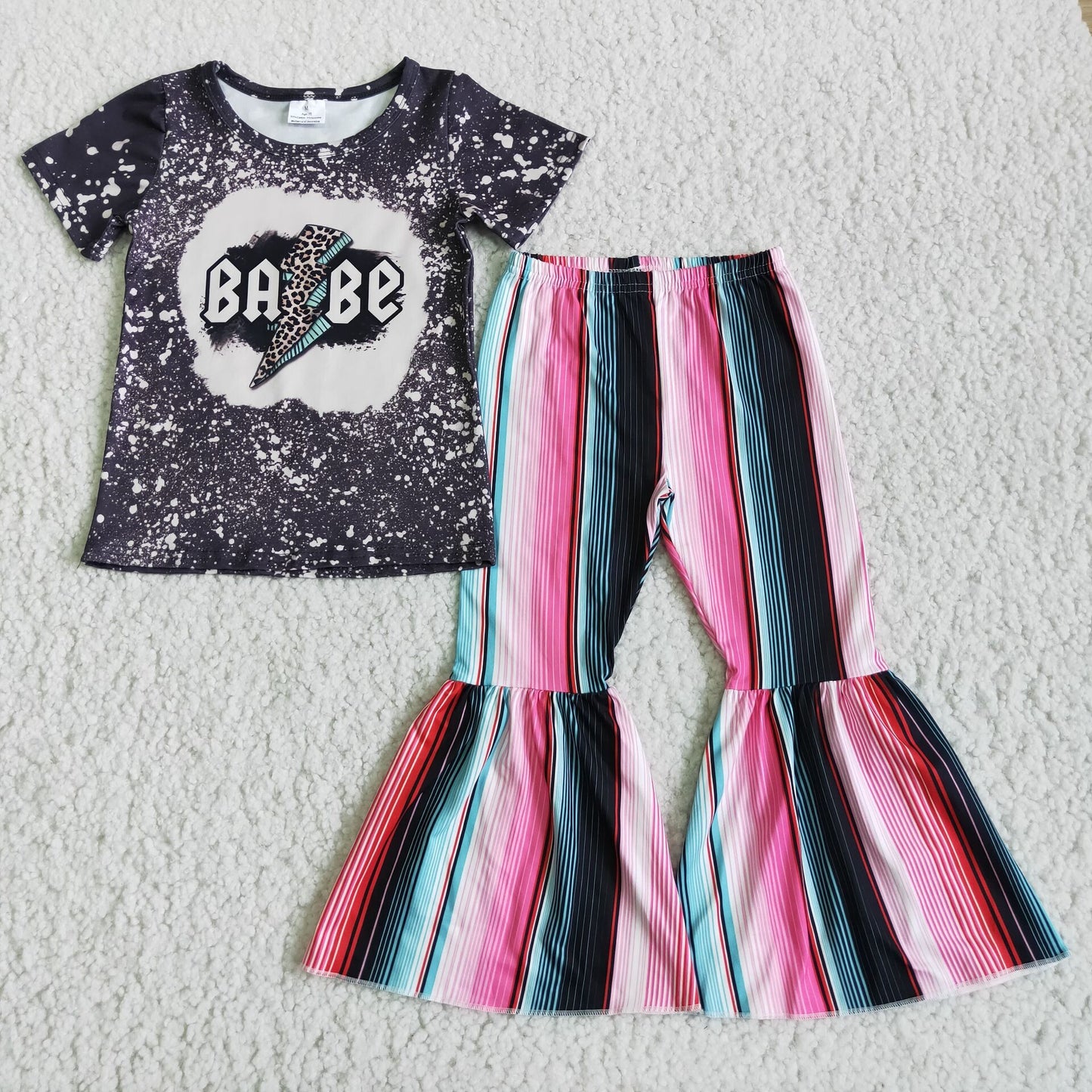 Promotion Baby Girl Short Sleeves Babe Shirt Striped Bell Pants Set RTS