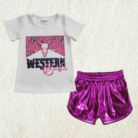 Baby Girl Short Sleeves Western Cow Doll Shirt Pink Leather Shorts Clothes Set RTS