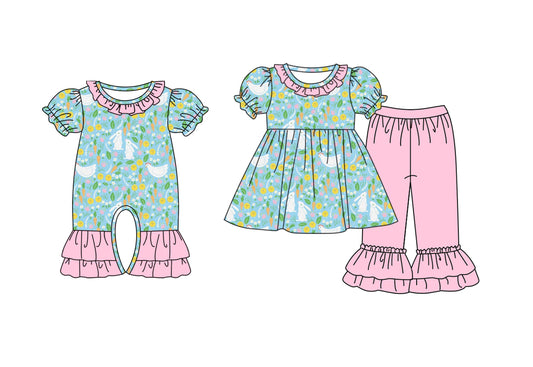 ( Moq 5 Each Style ) Girls Kids Short Sleeves Rabbits Flower Carrots Easter Sibling Romper Set