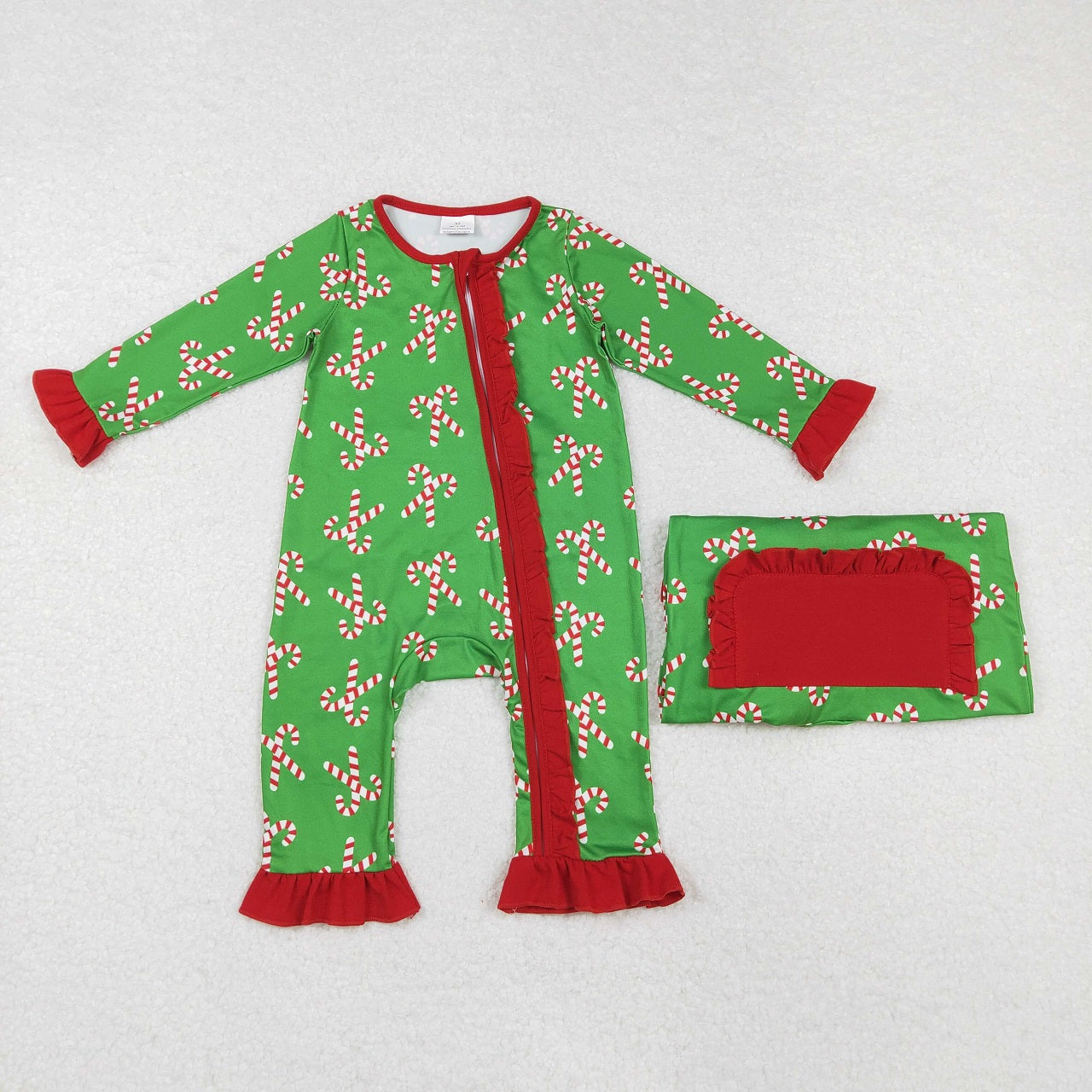 Sibling Boys Girls Christmas Candy Cane Zipper Romper Pajamas Green Set Clothes RTS