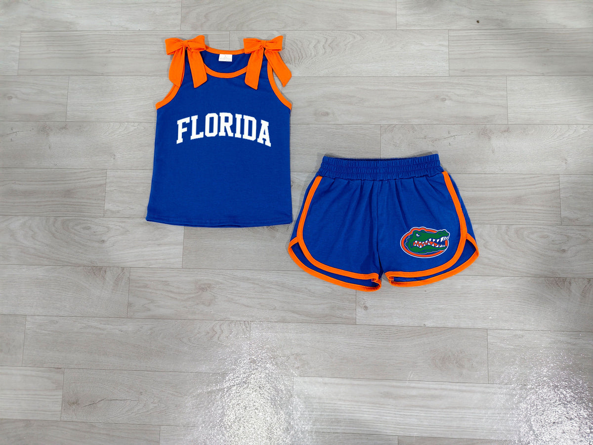 ( No moq ) Preorder Baby Girls Kids Sleeveless Orange Bows Shirt Shorts Blue Set Summer Clothes