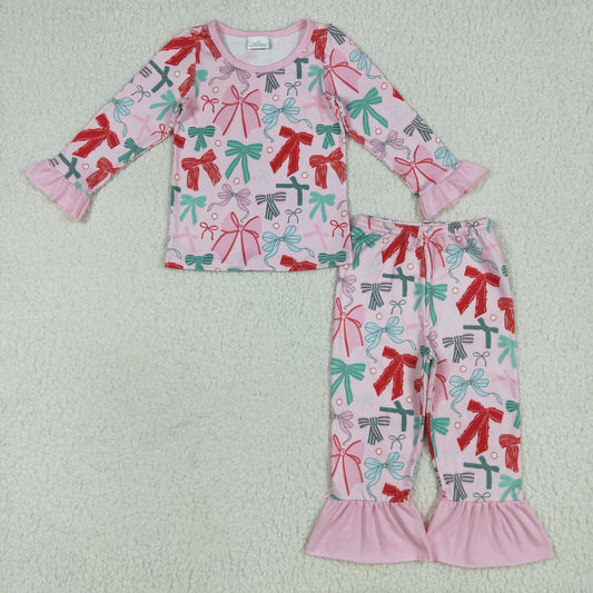 Baby Girl Long Sleeves Colorful Bows Shirt Pants Pajamas Christmas Set RTS