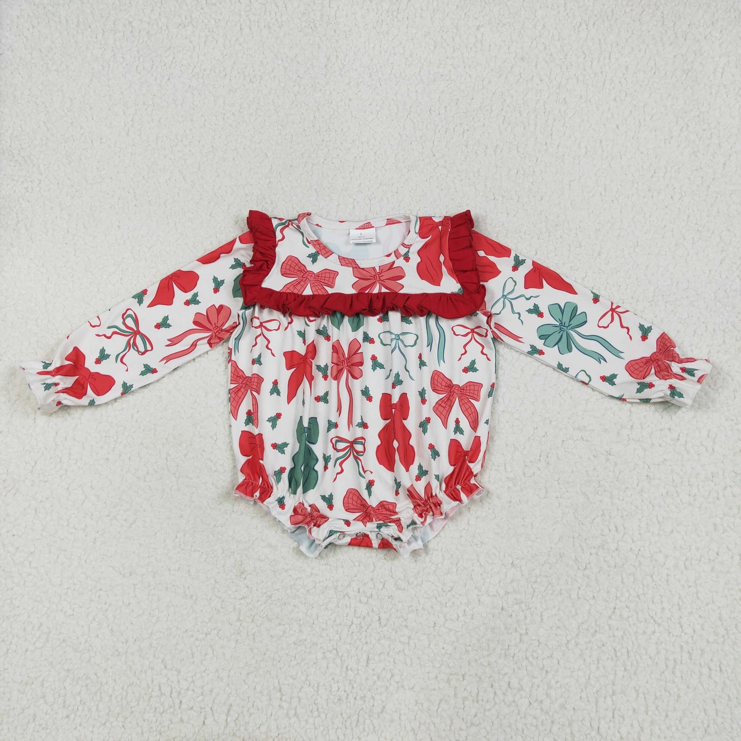 Baby Girl Long Sleeves Red Green Bows Christmas Bubble Romper RTS