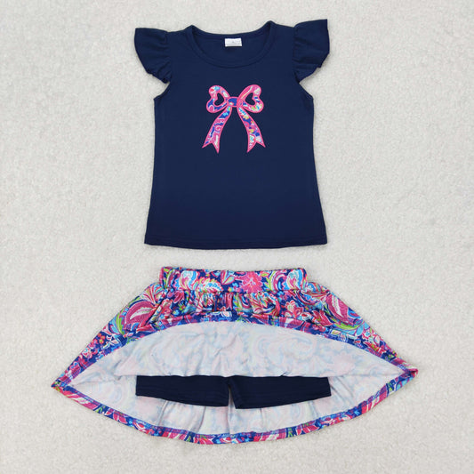 Baby Girl Short Sleeves Embroidery Bow Shirt Flower Skort Shorts Skirt Set RTS