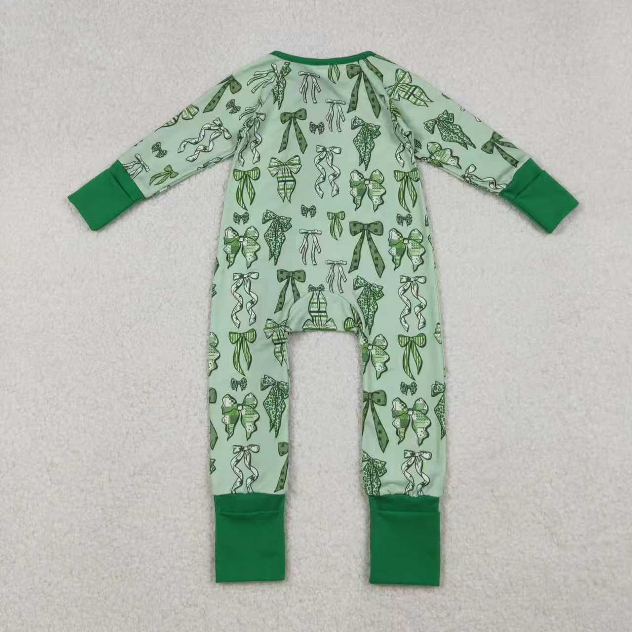 Sibling Girls Kids Long Sleeves Green Clovers Bows St Patrick Zipper Romper Pajamas Set RTS