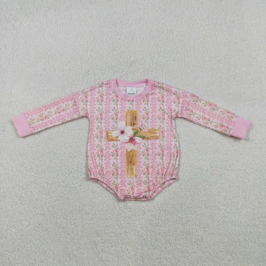 Baby Girls Long Sleeves Cross Flower Easter Bubble Pink Romper RTS