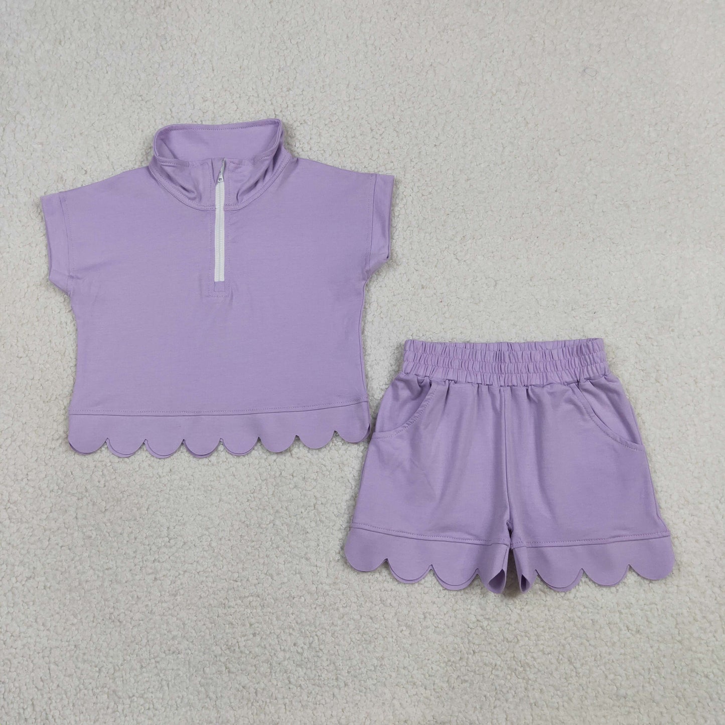 Baby Girls Kids Short Sleeves Zipper Shirt Scallop Shorts Cotton Purple Set RTS