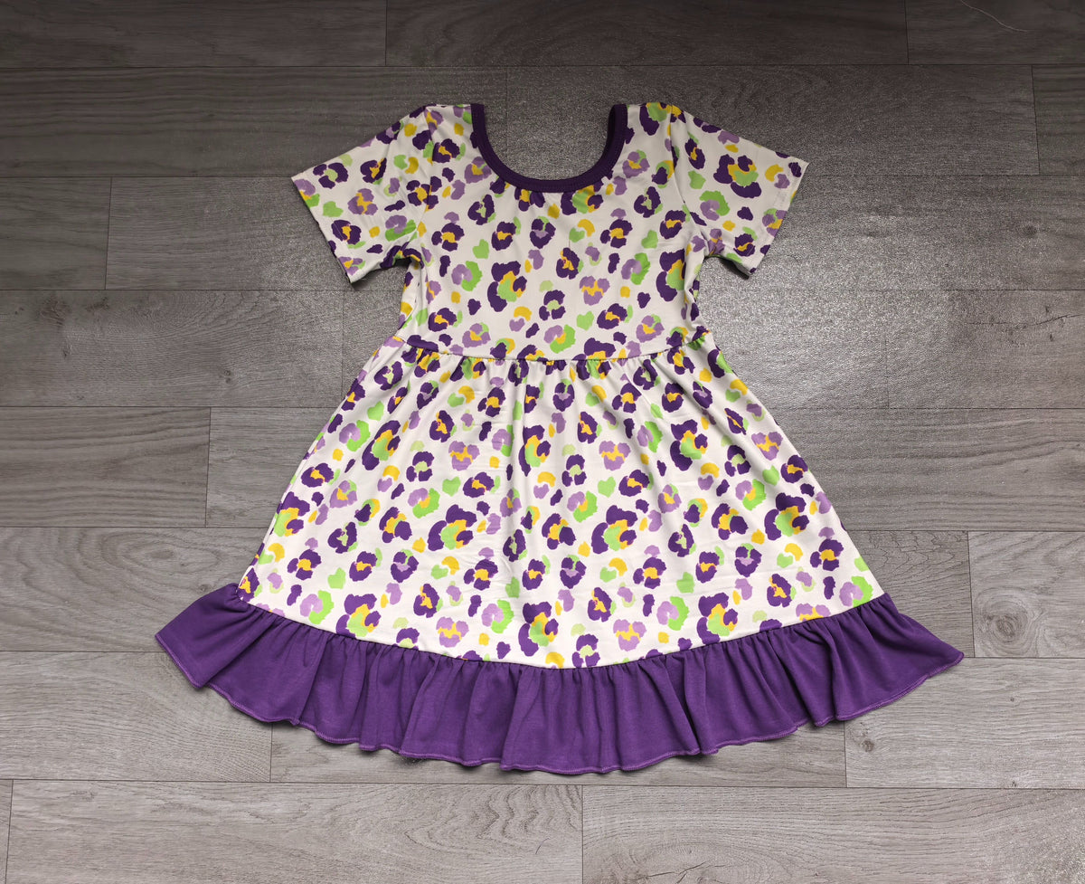 ( No moq ) Preorder Baby Girls Kids Short Sleeves Leopard Mardi Gras Dress Clothes