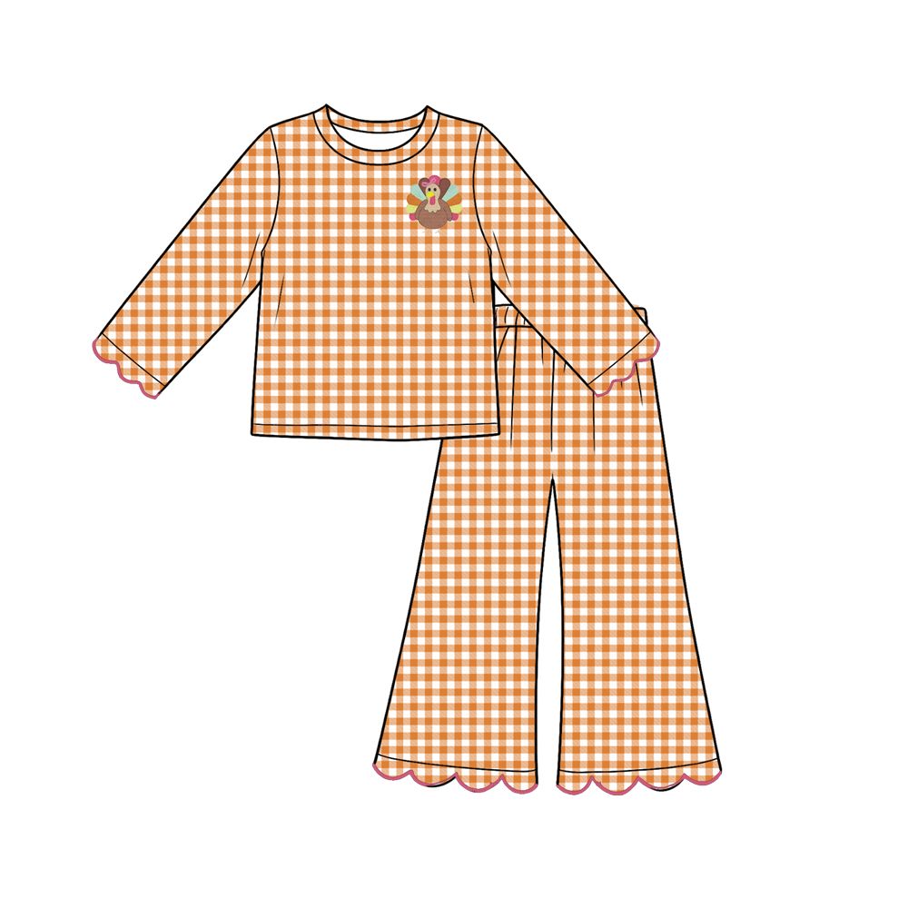 ( Moq 5 ) Preorder Baby Girls Kids turkey Scallop Tops Orange Plaid Pants Thanksgiving Set Clothes