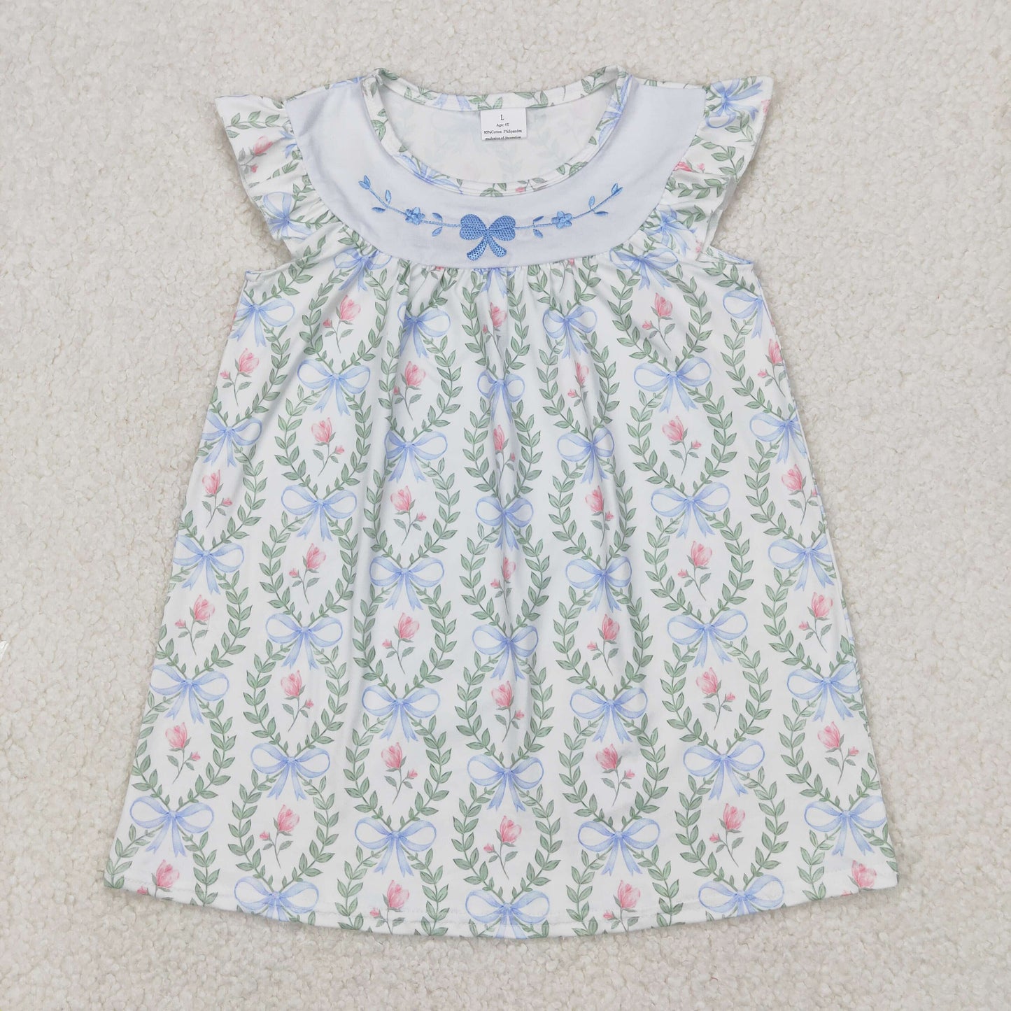 Baby Girl Short Sleeves Embroidery Bows Flower Knee Length Dress RTS
