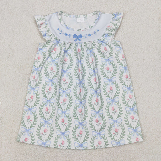 Baby Girl Short Sleeves Embroidery Bows Flower Knee Length Dress RTS