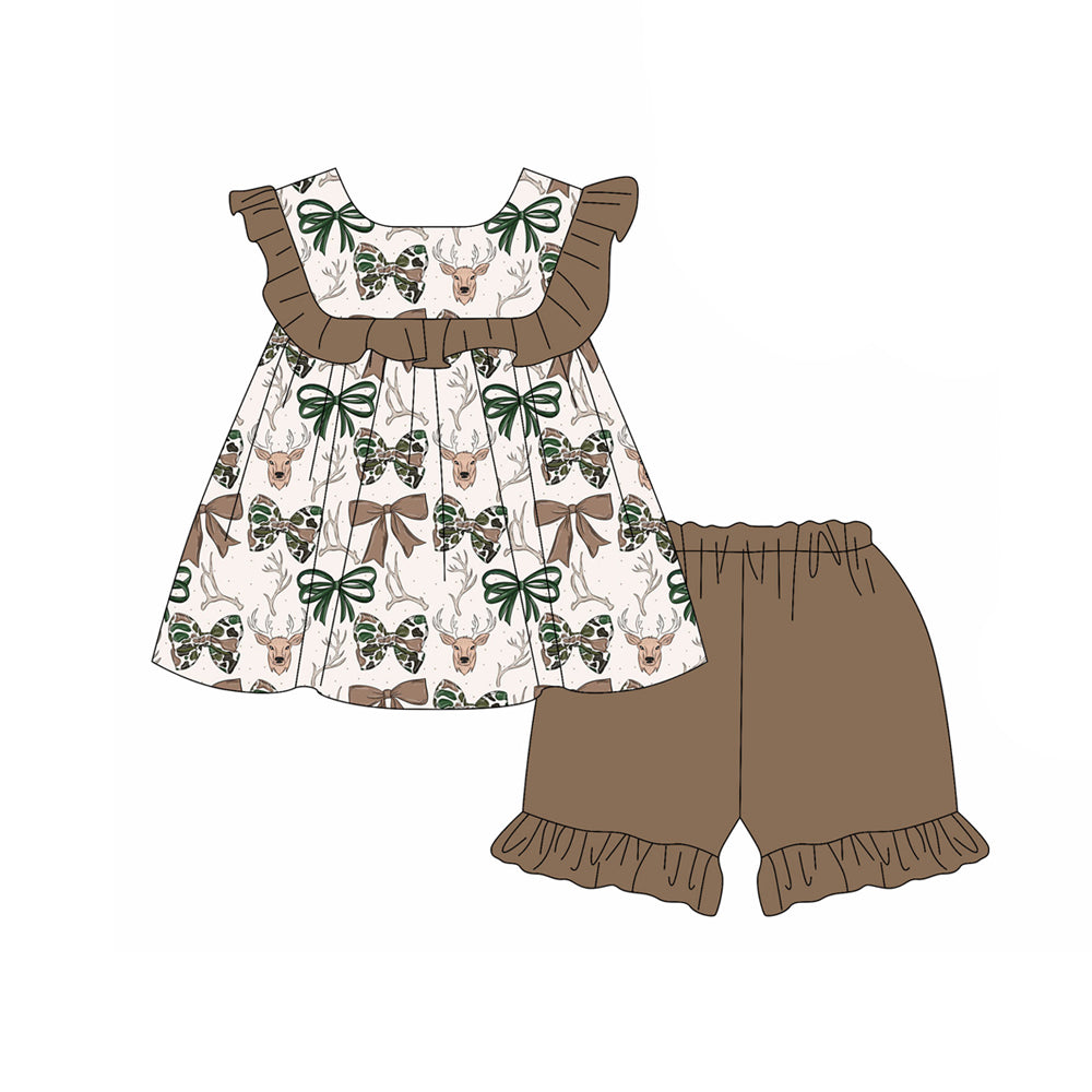 ( Moq 5 ) Preorder Baby Girl Kids Deer Bows Ruffle Tunic Brown Shorts Set Hunting Clothes