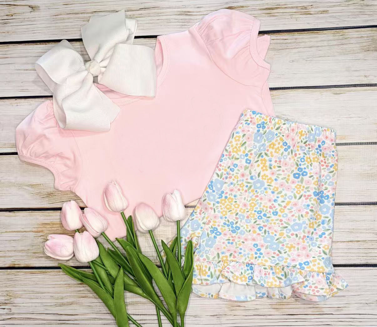 ( Moq 5 ) Preorder Baby Girl Kids Short Sleeves Pink Shirt Floral Ruffle Shorts Set Summer Clothes