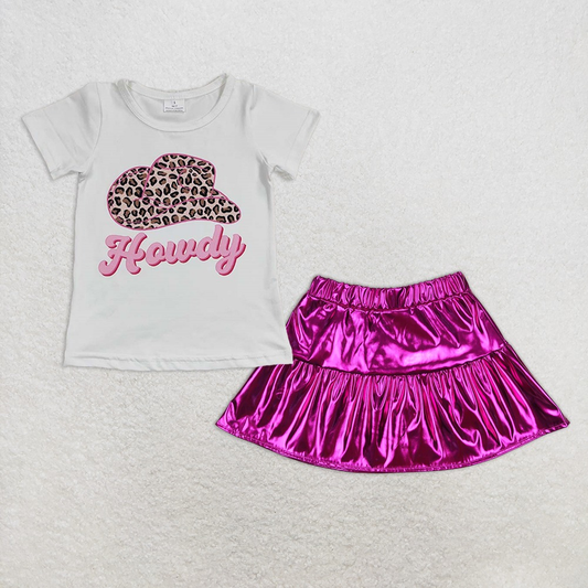 Baby Girl Short Sleeves Howdy Hat Shirt Purple Leather Skirt Western Set RTS