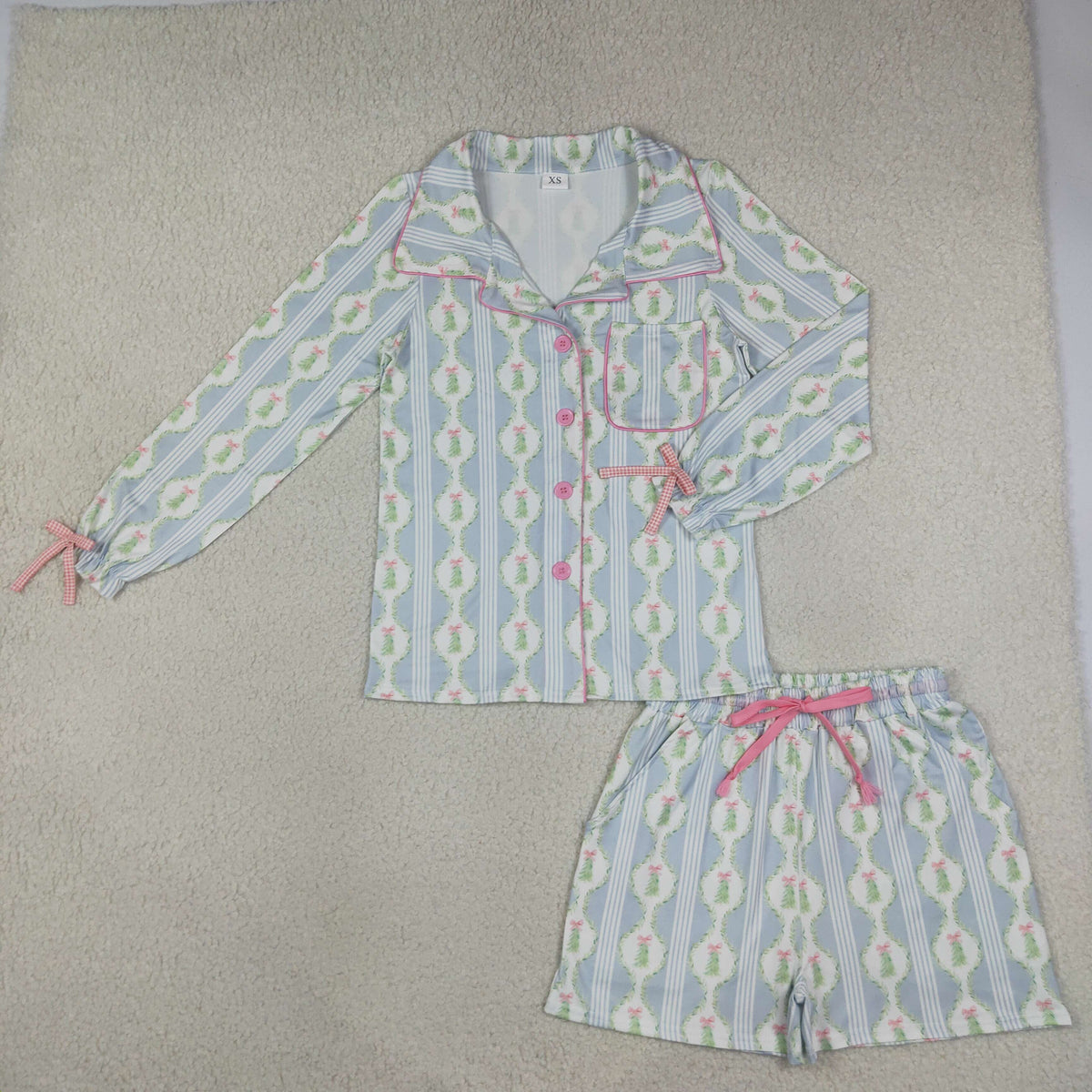 Adult Women Long Sleeves Christmas Tree Bows Buttons Tops Shorts Pajamas Blue Set RTS