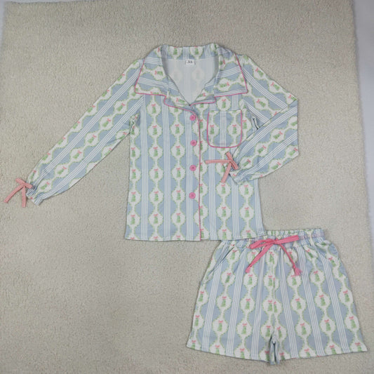 Adult Women Long Sleeves Christmas Tree Bows Buttons Tops Shorts Pajamas Blue Set RTS