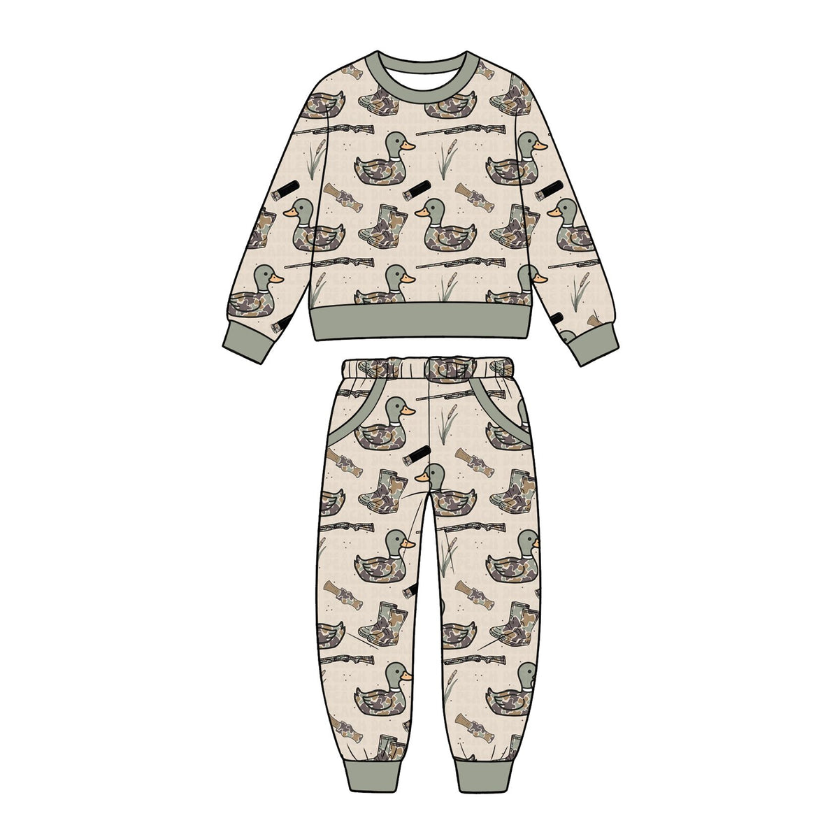( Moq 5 ) Preorder Baby Boys Kids Long Sleeves Ducks Shirt Pockets Pants Camo Set Hunting Clothes