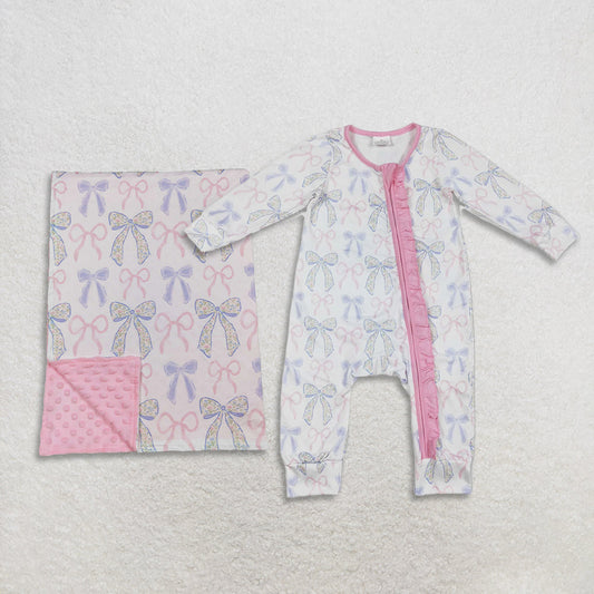 Sibling Baby Girls Floral Bows Zipper Footie Romper Blanket Clothes RTS