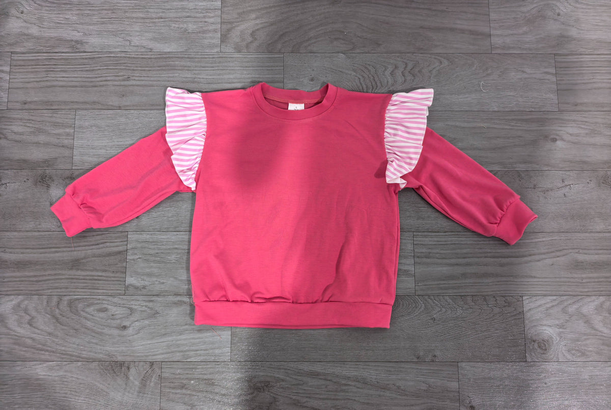 ( No moq ) Preorder Baby Girls Toddler Stripes Ruffle Long Sleeves Hot Pink Shirt Cotton Clothes