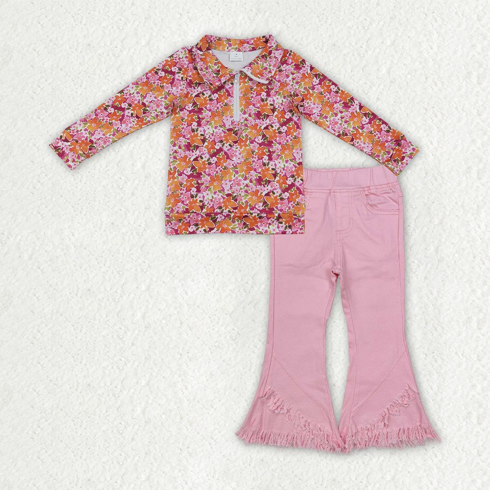 Baby Girls Long Sleeves Flower Zipper Shirt Pink Jeans Denim Pants Set Clothes RTS